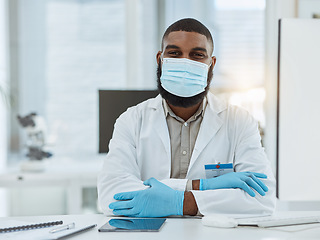 Image showing Portrait, desk and black man or doctor with face mask for covid, virus or sick at hospital. Expert, office and African nurse or surgeon at a table or workspace for medical, healthcare or clinic job