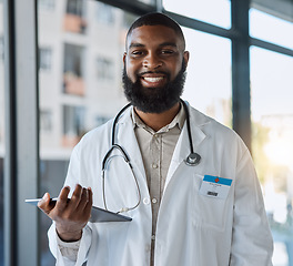 Image showing Tablet, happy man and portrait of doctor for healthcare services, telehealth analysis or hospital network. African person medical worker with digital technology for planning, clinic research or info