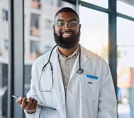 Image showing Tablet, black man and portrait of doctor for healthcare services, telehealth analysis or hospital network. Young medical professional on digital technology for clinic research, consulting or planning