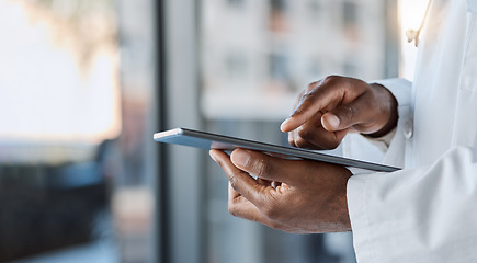 Image showing Tablet, doctor and hands in hospital for healthcare services, telehealth analysis and online network. Closeup of medical worker, digital technology and planning data, clinic research and information