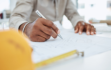 Image showing Hands, pen and architect drawing blueprint, project illustration and engineering process. Closeup, man and designer with documents, floor plan and paper to sketch construction of building renovation