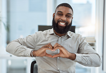 Image showing Portrait, business and black man with heart sign, support or care with icon at work, happiness or professional. Face, male person or advertising consultant with love symbol, emoji and smile with like