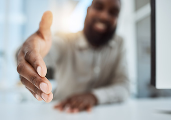 Image showing Handshake, offer and business man for introduction, welcome and career deal, success or POV meeting. African person or worker shaking hands for partnership, b2b onboarding and thank you or agreement