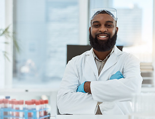 Image showing Medical science, portrait and a man in a laboratory for research, study and career pride. Happy black male person or scientist with arms crossed for innovation, biotechnology and future development