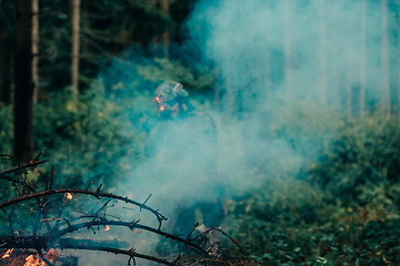 Image showing A soldier fights in a warforest area surrounded by fire