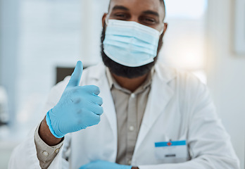 Image showing Thumbs up, doctor gloves and hands of man with support of success, trust and medical clinic. Healthcare worker show thumb sign to celebrate agreement, yes emoji and thank you for hospital consulting