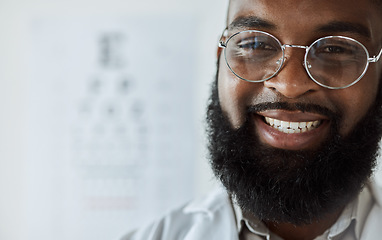 Image showing Eye exam, smile and portrait of optometrist or black man with confidence, glasses and happy service with mockup space. Ophthalmology, face and expert in vision, test or assessment for eyes or health