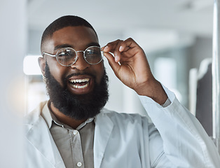 Image showing Glasses, smile and portrait of black man with optometrist for vision and happy service in consultation office. Ophthalmology, face and eyewear from eye exam, test or consultation in healthcare