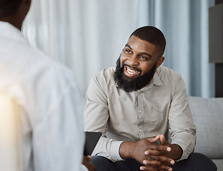 Image showing Happy black man, therapist and consultation in meeting for healthcare, mental health or therapy at the hospital. African male person talking to consultant in physiology, counseling or medical help