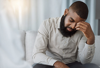 Image showing Sad black man, therapist and counselling for psychology, mental health crisis and therapy for stress. Confused patient consulting psychologist for frustrated problem, anxiety and crying in depression