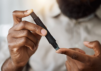 Image showing Person, hands and test blood sugar for diabetes, health analysis or medical glucometer results. Closeup of patient poke finger with needle to check insulin, measure glucose risk and diabetic medicine