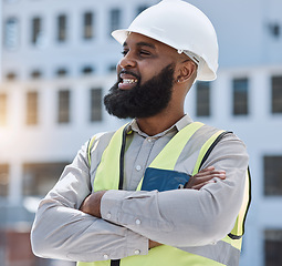 Image showing Outdoor, engineer and black man with arms crossed, thinking and planning with problem solving, helmet and inspection. Engineering, manager or architect with ideas, development or project management