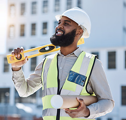 Image showing Outdoor, engineer and black man with blueprint, thinking or planning with solution, problem solving or happiness. .Engineering, manager or architect with ideas, construction job or project management