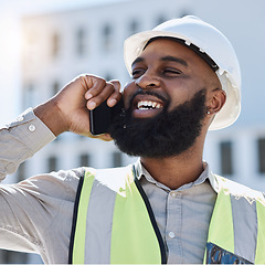 Image showing African engineer man, phone call and city with smile, thinking and listening for networking, building or development. Construction site manager, smartphone and ideas for property, helmet and safety