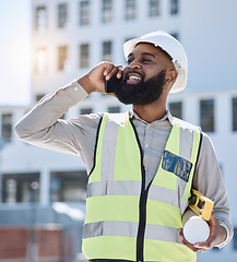 Image showing African engineer man, phone call and outdoor with smile, thinking and listen for networking, building or development. Construction site architect, smartphone and idea for property, helmet and contact