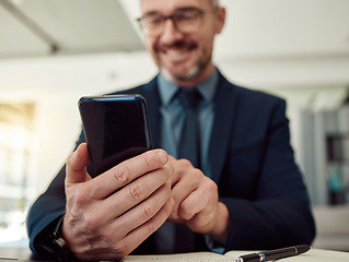 Image showing Business man, hands and typing with phone on corporate news app, reading stock market information and trading online. Closeup of entrepreneur, trader and mobile chat notification for social network