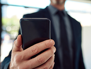 Image showing Business man, hands and smartphone for reading corporate news app, stock market information and contact. Closeup, trader and mobile technology for social network, notification and trading on internet