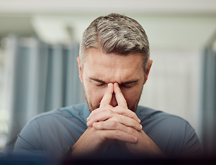 Image showing Face of business man, headache and stress of debt, burnout and mistake of stock market crash. Frustrated corporate manager with anxiety for bankruptcy problem, doubt and fail of crisis in depression