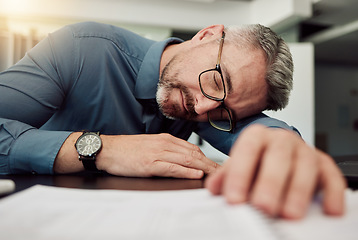 Image showing Stress, tired business man and sleeping at desk with burnout, depression problem and low energy in office. Fatigue, frustrated and face of manager in nap for bad time management, deadline and mistake