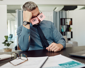 Image showing Tired, sticky notes and businessman sleeping in his office with a burnout, exhaustion or overworked. Overtime, rest and professional mature male lawyer taking nap on his lunch break in the workplace.