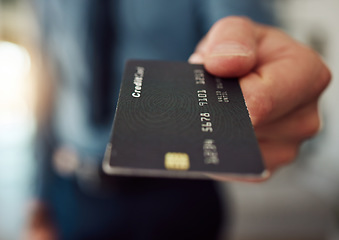 Image showing Man giving credit card with hands for business budget, banking finance and accounting investment. Closeup of worker offer payment for online shopping, sales fees or trading money in financial economy