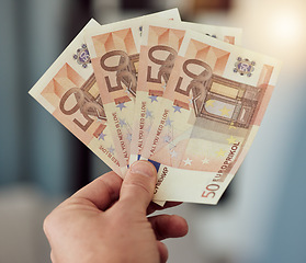 Image showing Investment, hands and money fan of euros for banking, trading paper bills and economy of financial freedom. Closeup of rich investor, profit and income of bonus, cash savings or wealth of accounting