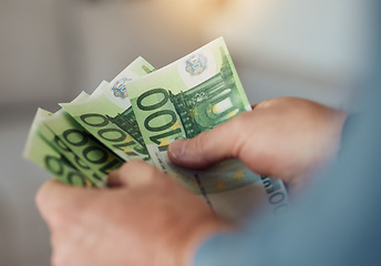 Image showing Money fan, hands and investment of euros for banking, paper bills and budget of financial freedom. Closeup of rich investor, salary and income of bonus finance, cash savings and wealth for accounting