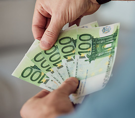 Image showing Person, hands and money fan of euros for banking, exchange bills and investment budget of financial freedom. Closeup of rich investor, profit and income of bonus, cash savings or wealth of accounting