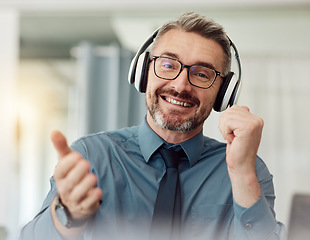 Image showing Portrait, business and man on video call with headphones for communication, speaking and online chat in home. Happy face, webinar and mature professional manager in virtual meeting for remote work