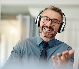Image showing Portrait, business and man with a smile, video call and communication with network, headphones and webinar. Face, presenter and employee with a headset, online meeting and speaker with connection