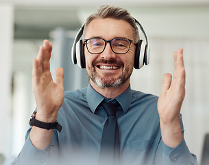 Image showing Portrait, business and man applause on video call, smile and headphones at home. Happy face, clapping and webinar of mature manager with glasses in virtual meeting, online celebration or remote work