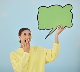 Image showing Social media woman, surprise or mockup speech bubble for wow opinion, studio news space or sales promotion voice. Notification poster, billboard deal or shocked announcement person on blue background