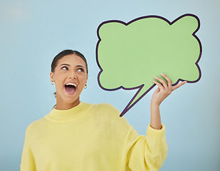 Image showing Social media woman, excited and mockup speech bubble for sales opinion, studio news space or comic voice chat. Cloud poster, billboard design announcement or person communication on blue background