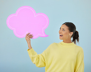 Image showing Social media, happiness and woman with mockup speech bubble for voting opinion, studio advertising space or branding. Information, billboard design or feedback person announcement on blue background