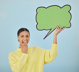 Image showing Social media, woman portrait or mockup speech bubble for surprise news, chat communication or sales discount voice. Notification banner, wow promotion deal or shocked studio person on blue background