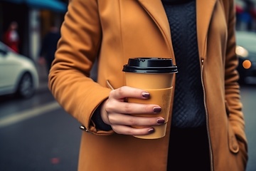 Image showing Woman hand with paper cup of coffee