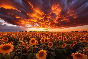 Image showing Sunflowers field and sunset sky