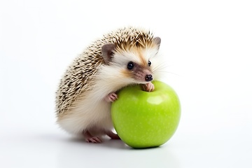 Image showing Cute hedgehog with apple on white