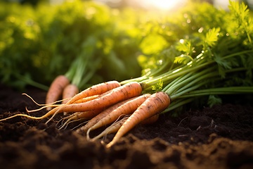 Image showing Carrots grow in soil on field