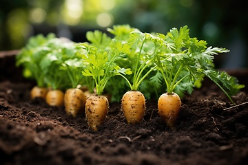 Image showing Carrots grow in soil on field