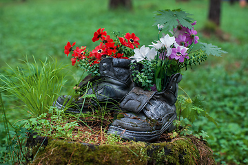 Image showing Touristic boot with flowers in the forest.