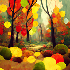 Image showing Autumn forest landscape. Colorful watercolor painting of fall se