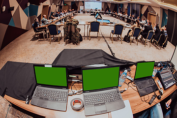 Image showing Live internet streaming of business conference meeting