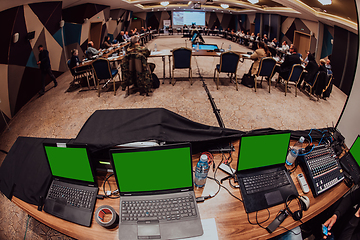 Image showing Live internet streaming of business conference meeting