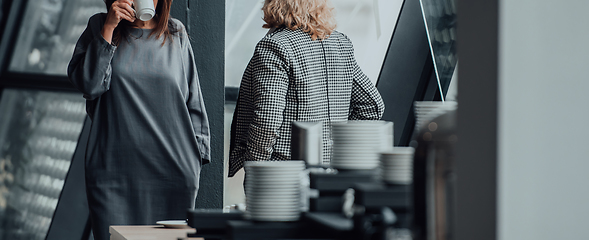 Image showing Two business women are talking during a short break from a business meeting