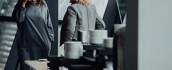 Image showing Two business women are talking during a short break from a business meeting