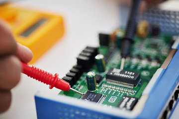 Image showing Closeup, motherboard and engineer solder circuit board for technology, electrical hardware or CPU microchip. Hands of technician, IT electronics and iron welding tools to upgrade semiconductor system