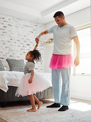 Image showing Dance, bedroom and a man with his daughter for fantasy fun together in their home in the morning. Love, family or children with a father and girl kid moving to music while bonding for trust or care