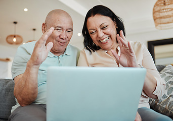 Image showing Happy, wave and a couple on a laptop video call for communication, hello and talking on the sofa. Smile, house and a senior man and woman with a greeting on a virtual conversation on a computer