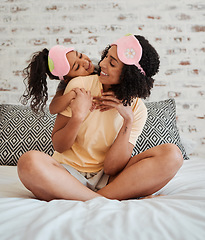 Image showing Bedroom, girl and mother with hug for love in home for bond with care together to relax. Happy, woman and kid with embrace in morning for quality time with child in apartment for affection or smile.